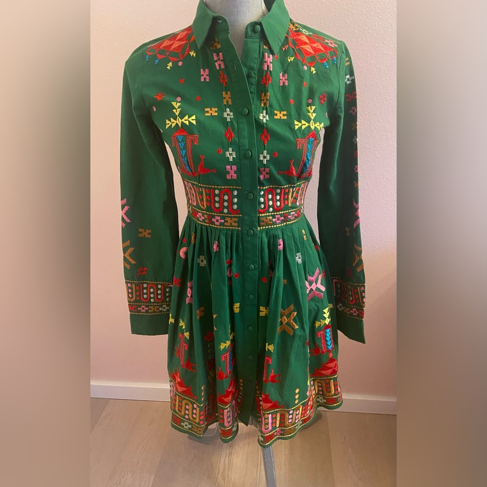 ASOS Green Embroidered Cotton Boho Western Scandi Buttondown Dress